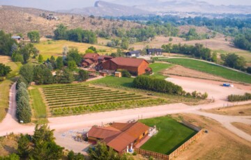 Aerial view of a vineyard with a large barn, fields, and distant hills under a hazy sky.