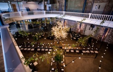 Spacious venue with a light-adorned tree centerpiece, surrounded by decorated tables and chairs under a balcony.