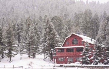 Red barn in snowy weather