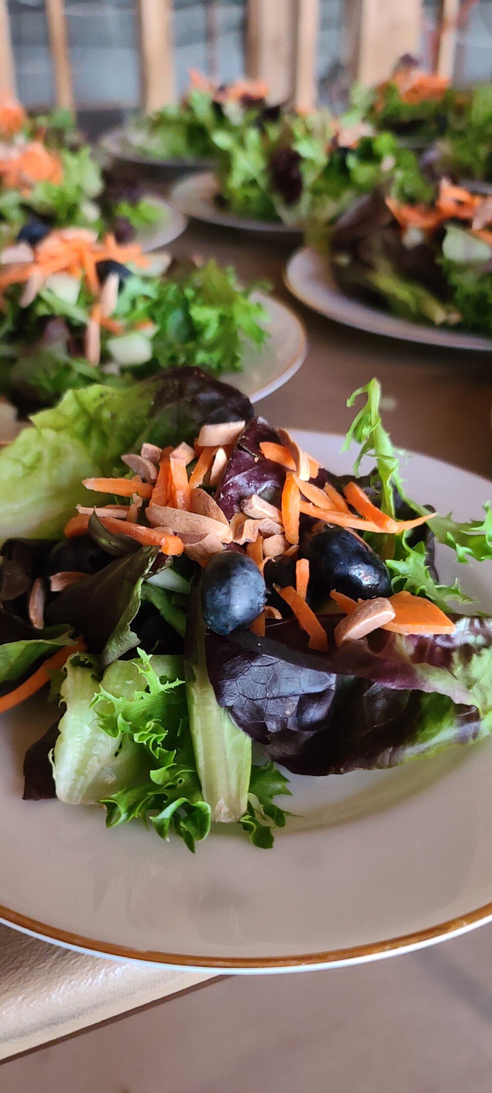 Plate of fresh salad with mixed greens, shredded carrots, sliced almonds, and blueberries.