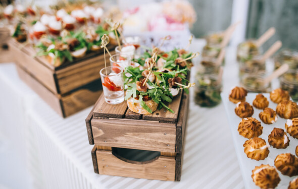 appetizers on wooden risers