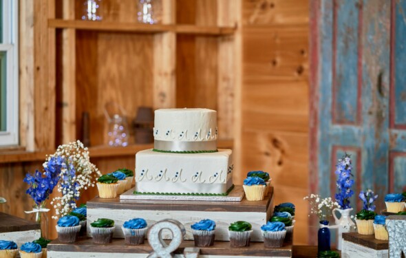 Two-tiered cake with floral piping, surrounded by blue and green cupcakes on rustic wood stands in a wooden room.